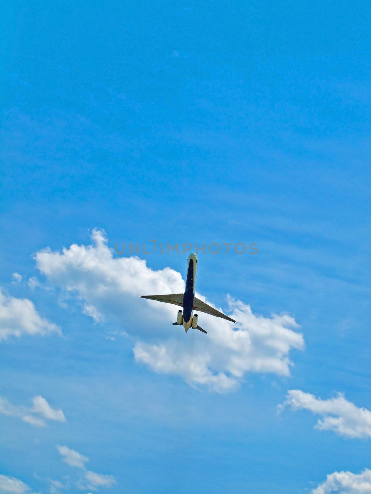 A Commercial Airliner Taking Off into a Partly Cloudy Blue Sky