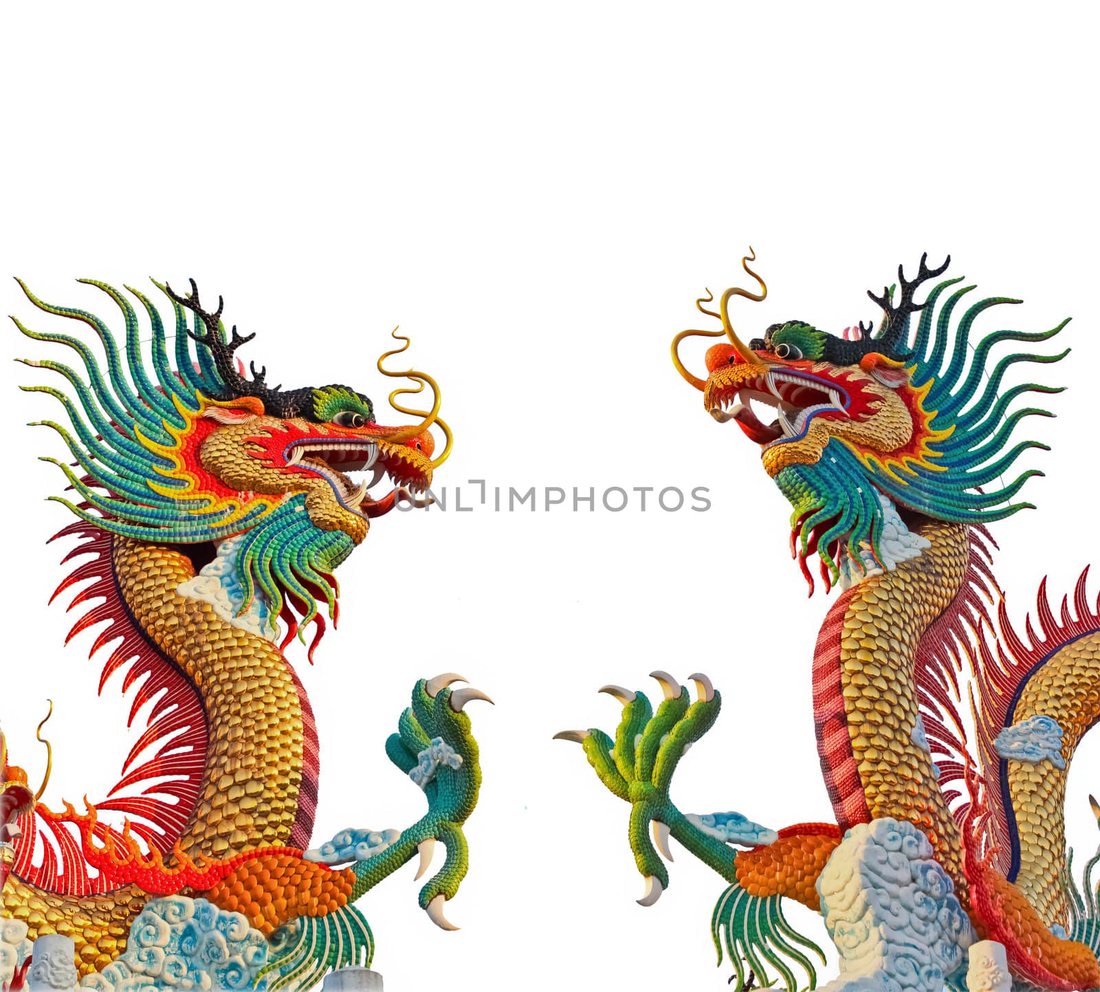 Two colorful dragon statue isolated on white background.The statue of a Chinese dragon is believed that the power and longevity.