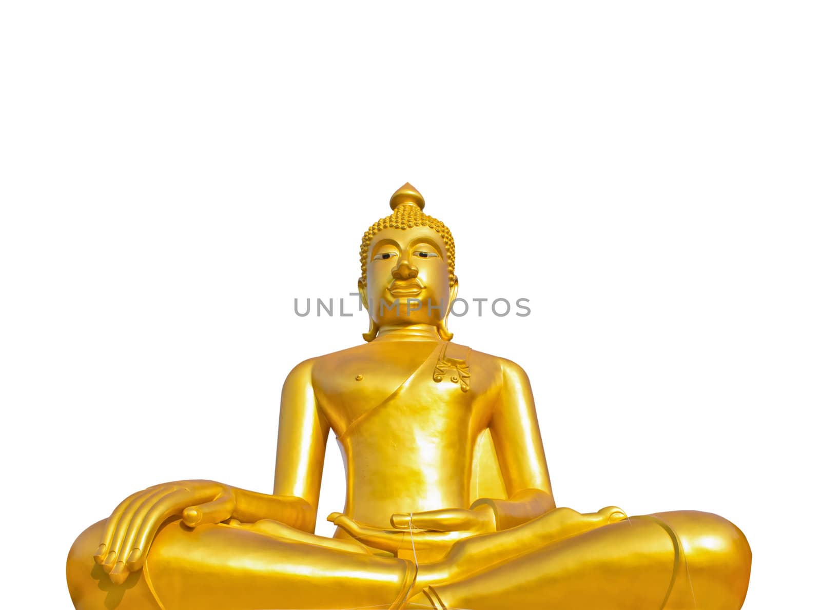 Golden Buddha statue in a Buddhist temple on white ground