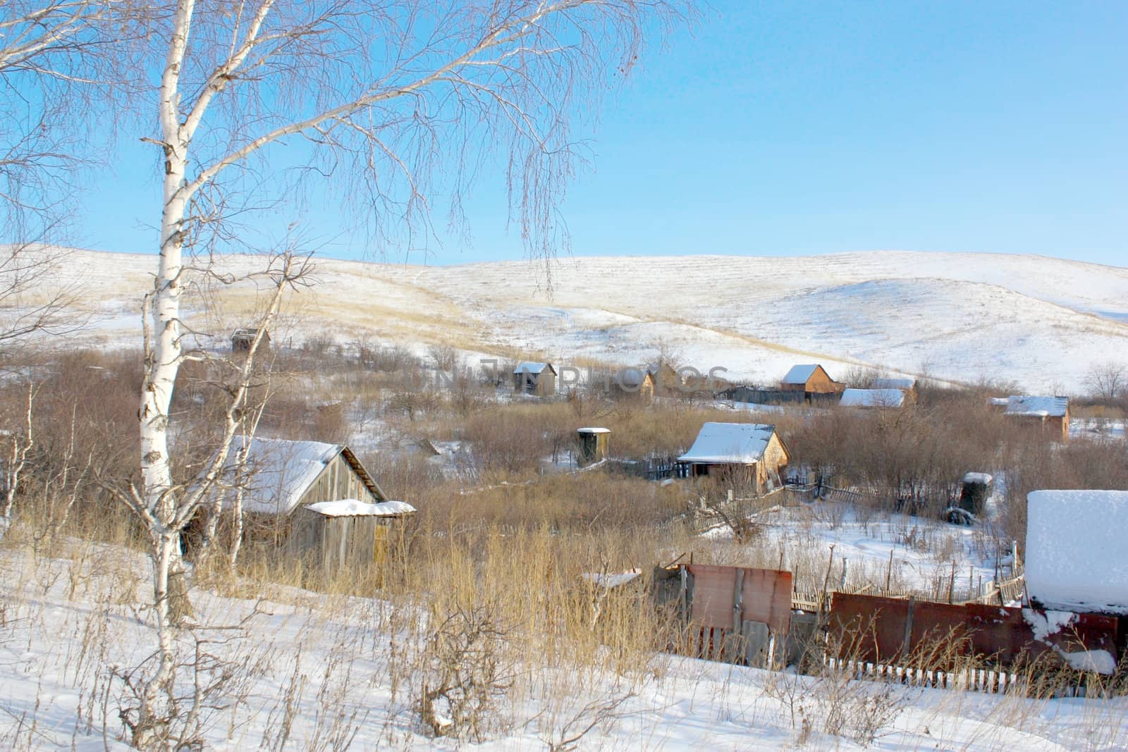 Houses in gardens under the hill, in winter.