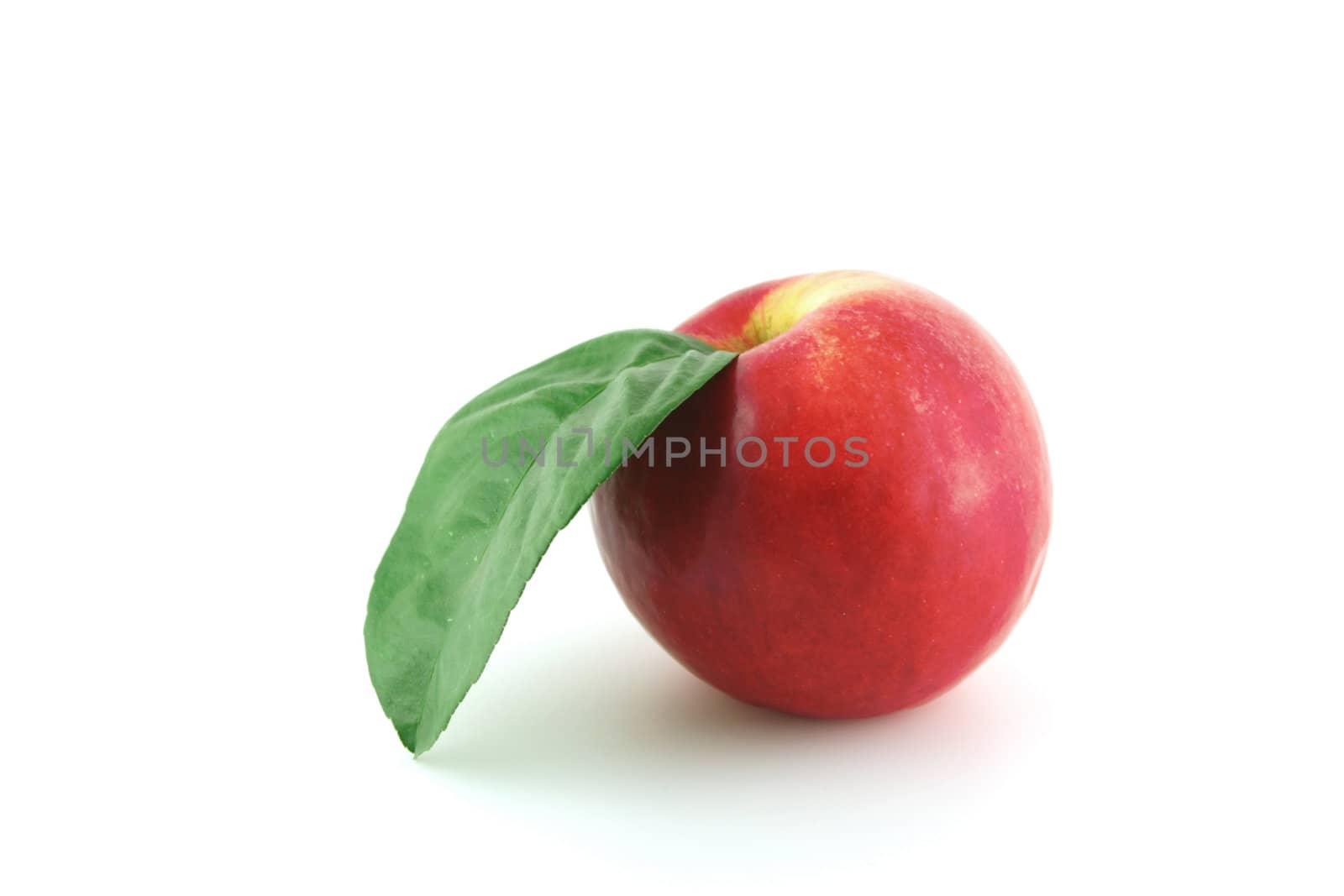 Ripe red apple with green leaf over white