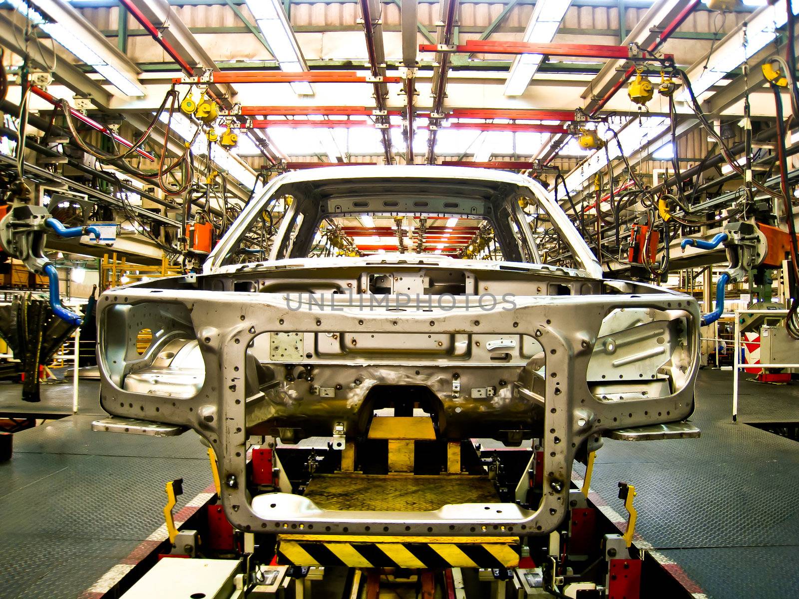 Cab of car in welding assembly line