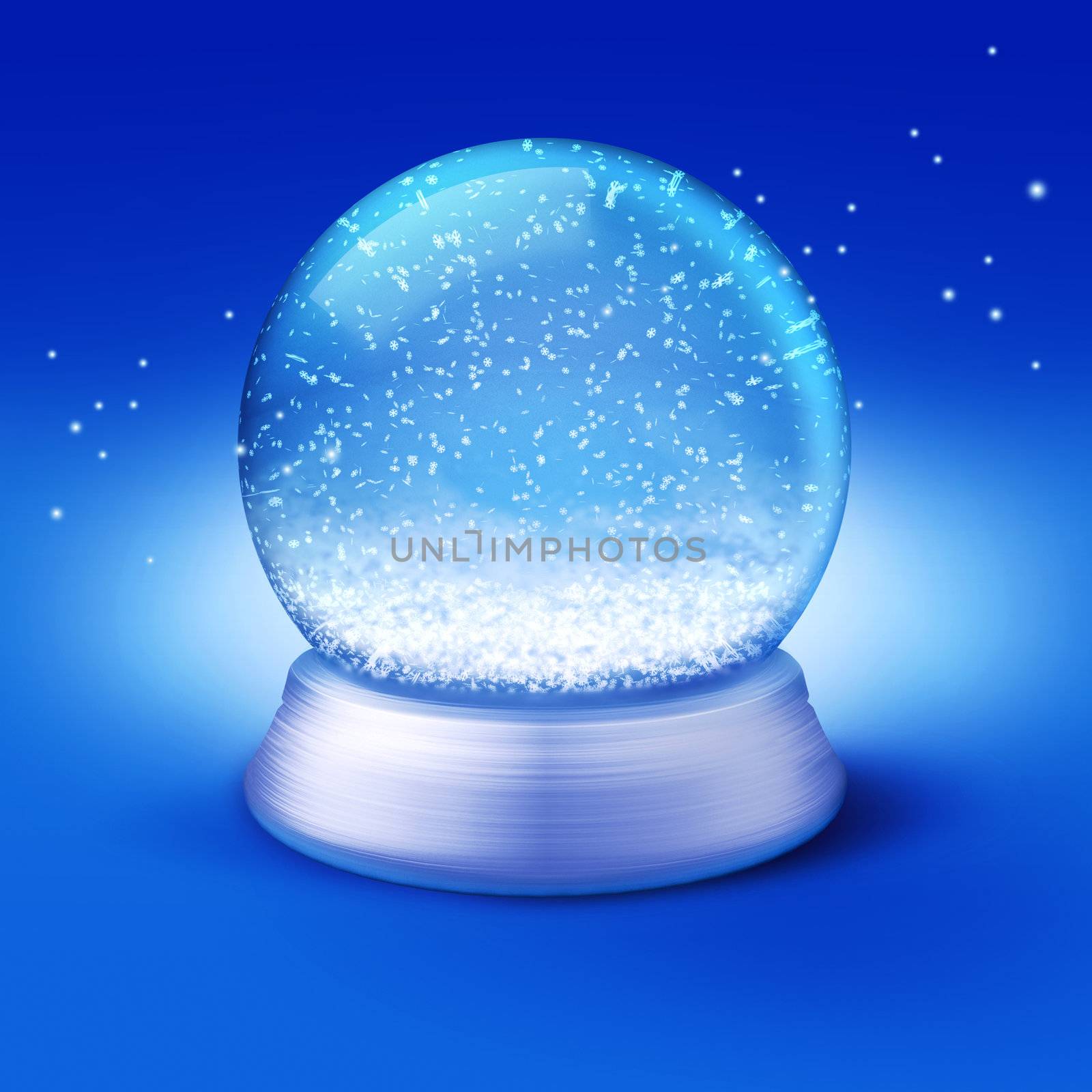 Realistic illustration of an empty snow-dome against a blue background - customize by inserting your own object