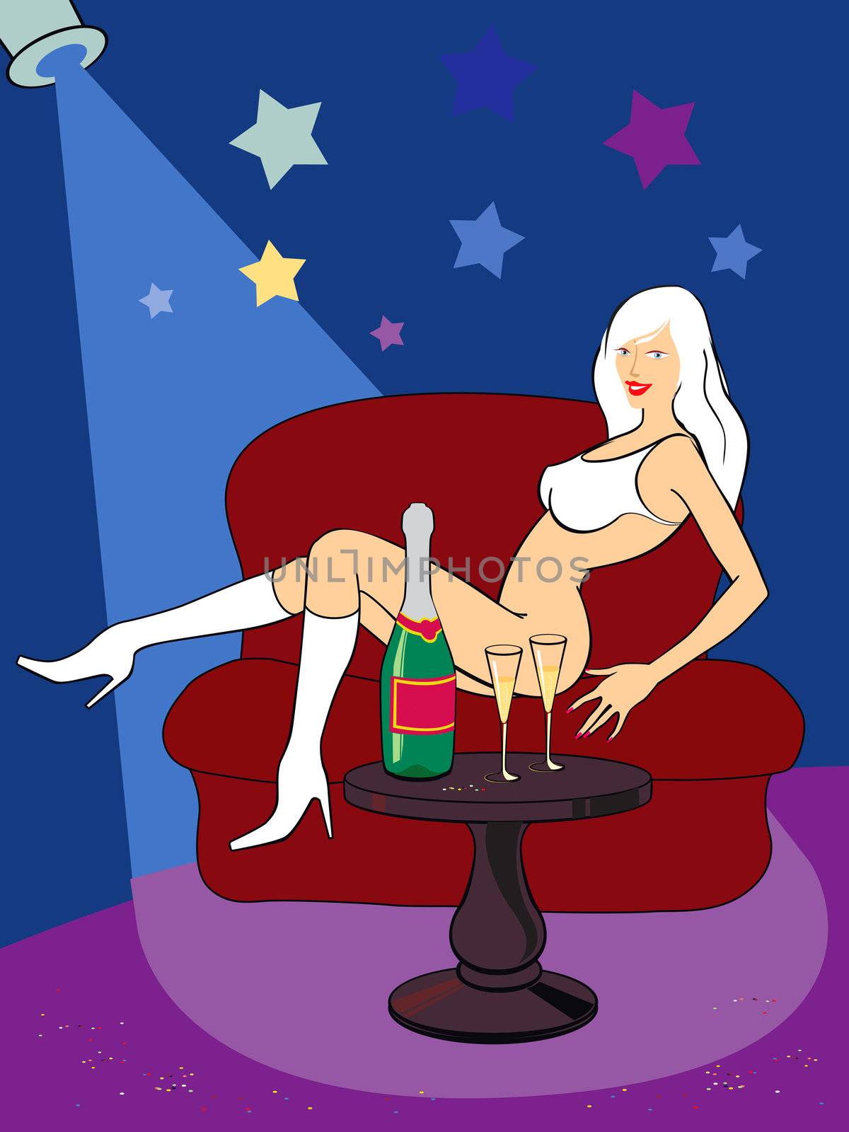 beautiful sexy blonde on red sofa near the little table with bottle of champagne in celebratory conditions