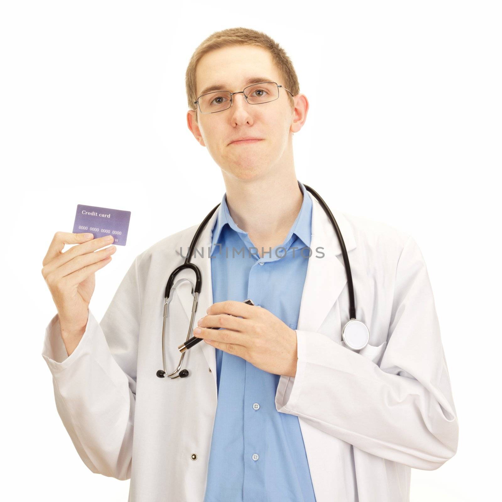 A young medical doctor with a credit card