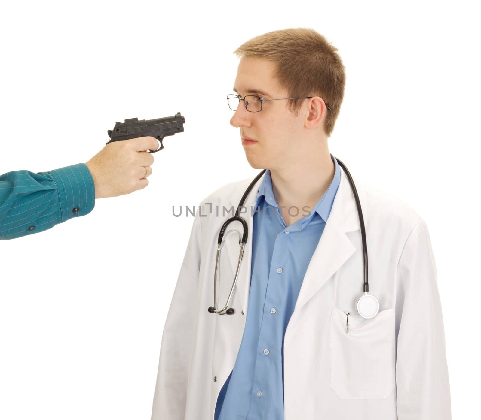 A person hold the young doctor at gunpoint