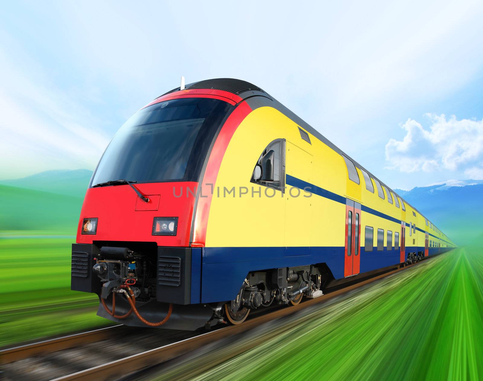 super streamlined train with motion blur moves on countryside