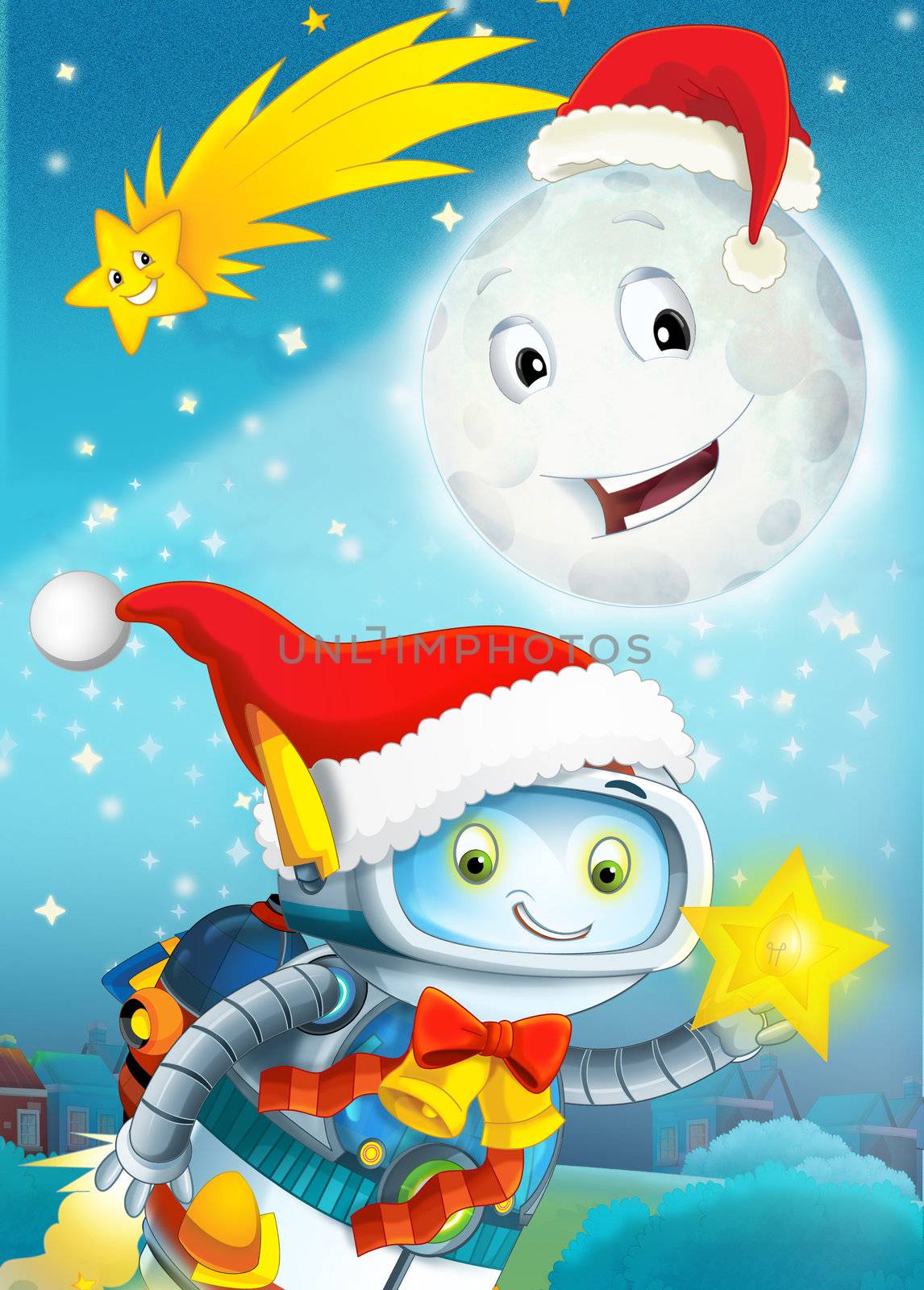 The beautiful occasional illustration with many different elements - two important subjects for the children - christmas and robots