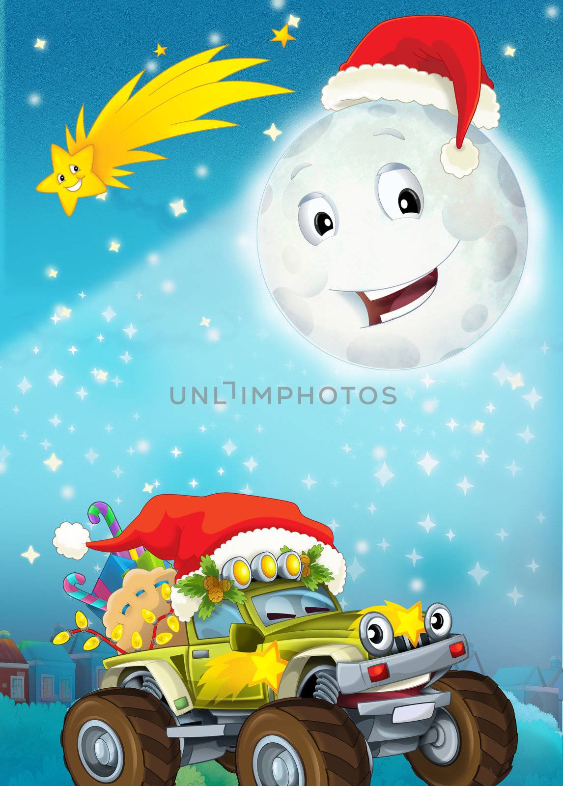 The beautiful illustration with many different elements - many important subjects for the children - christmas and cars