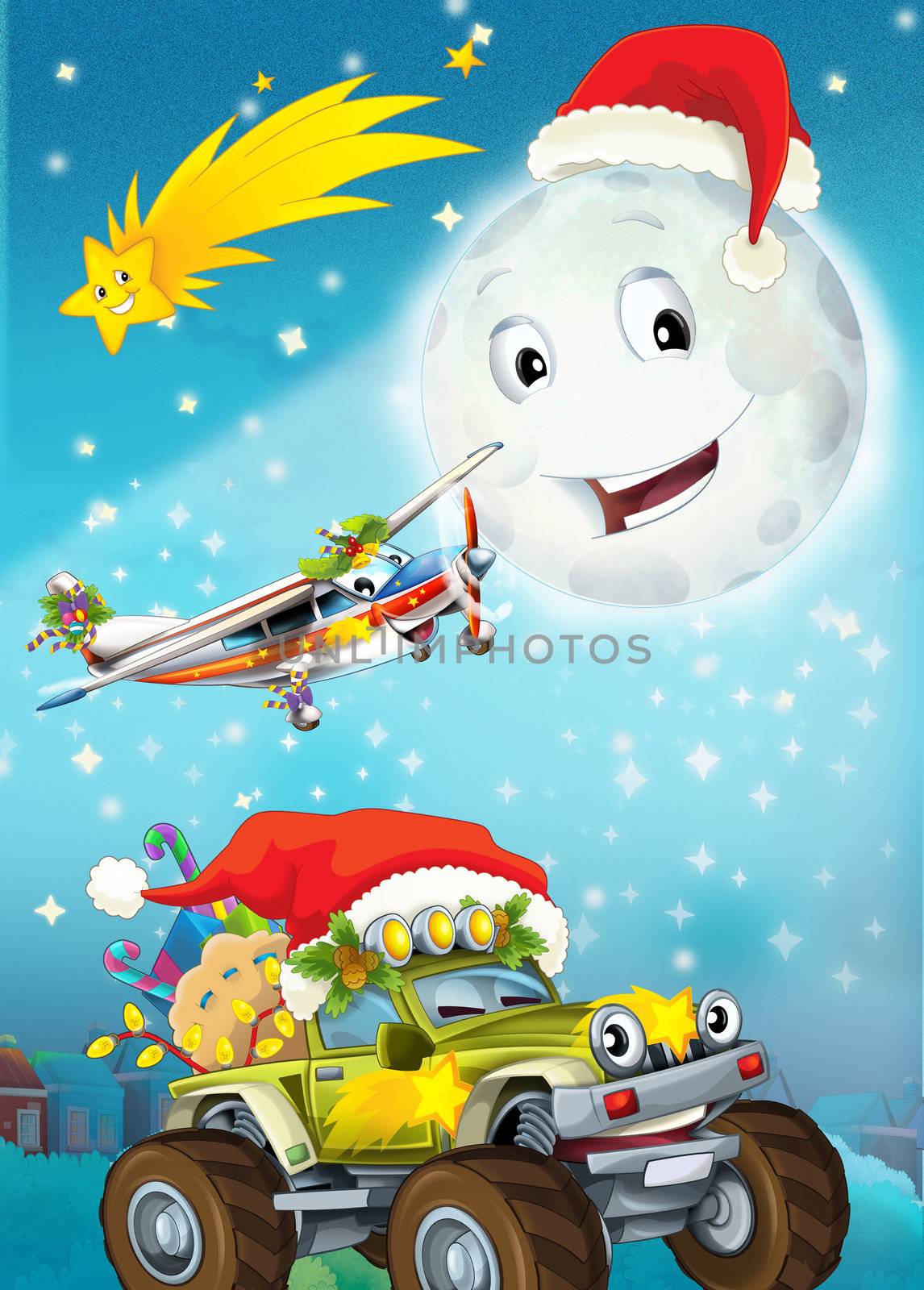 The beautiful illustration with many different elements - many important subjects for the children - christmas, planes and cars