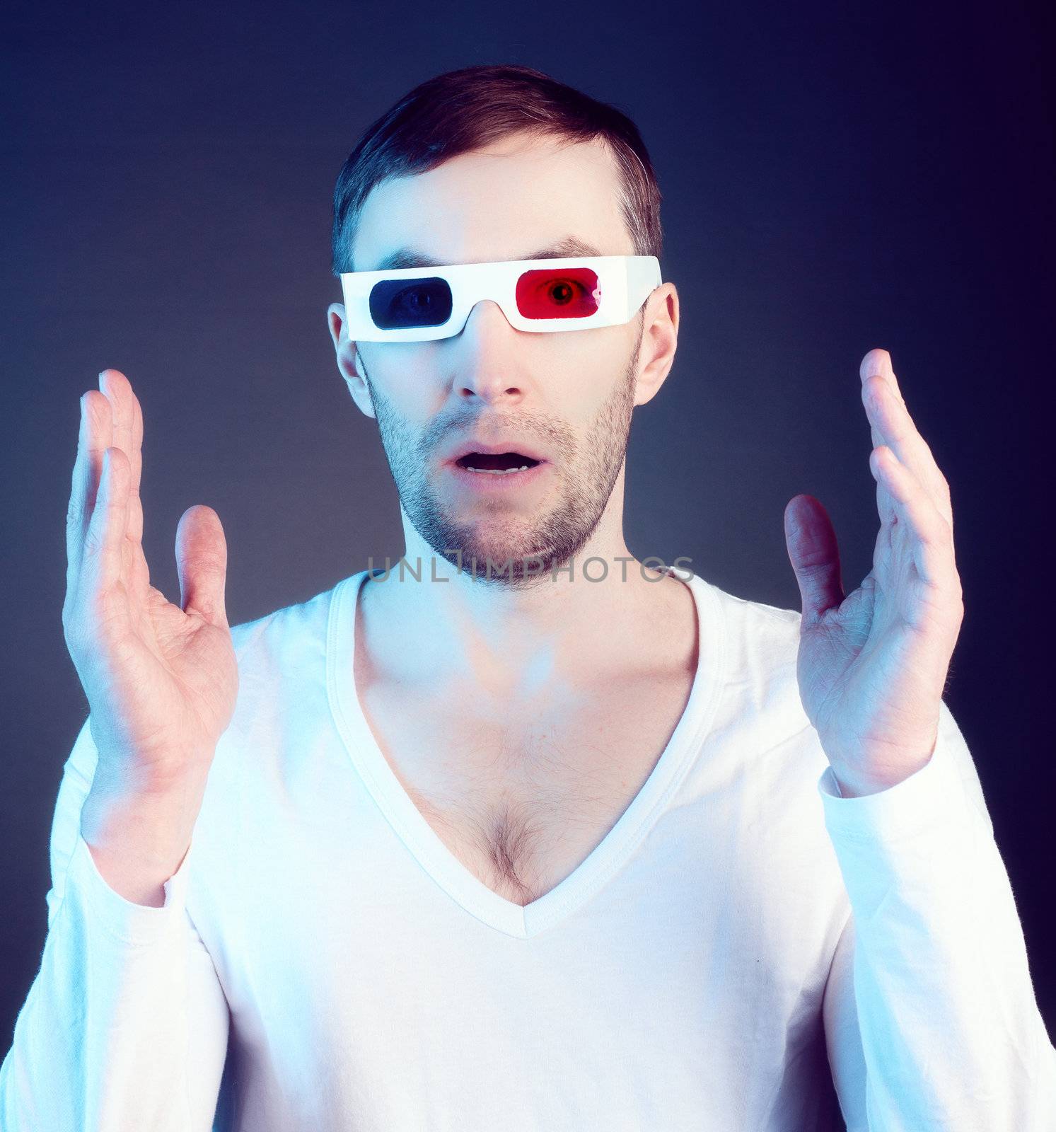 young man, looking through stereo glasses 