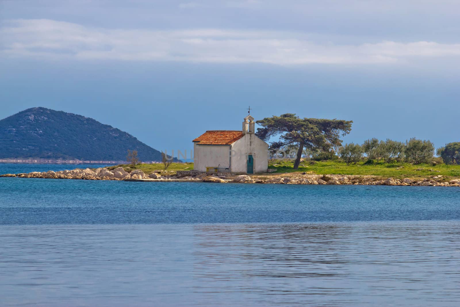 Church on small island coast, Pakostane, Dalmatia, Croatia