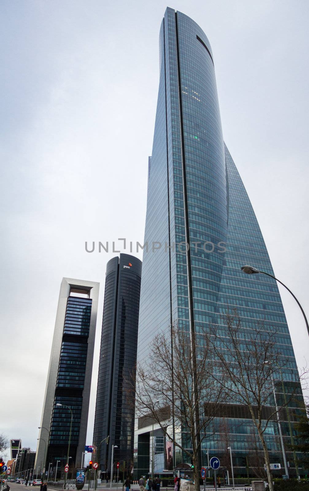 MADRID, SPAIN - MARCH 10 Cuatro Torres Business Area (CTBA), in Madrid, Spain, on March 10, 2013. View of Glass Tower, PwC Tower and Bankia Tower skyscrapers