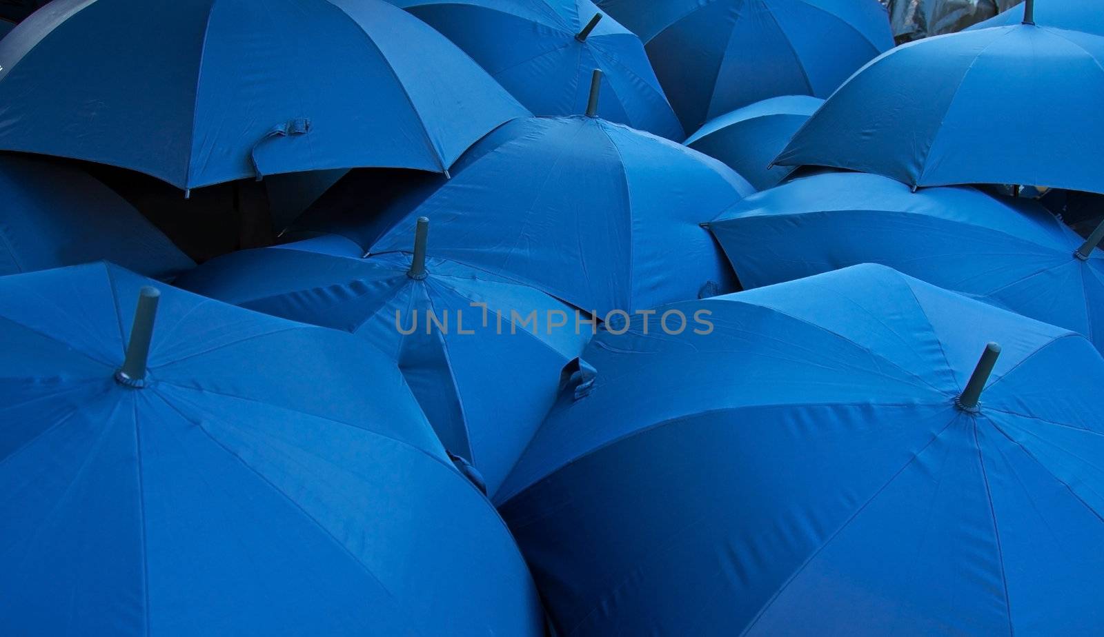 background of open blue umbrellas receding into distance