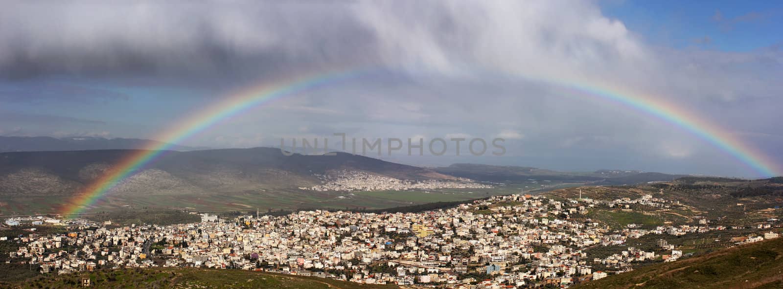 rainbow over the Arab village of Cana in the Galilee region of Israel.