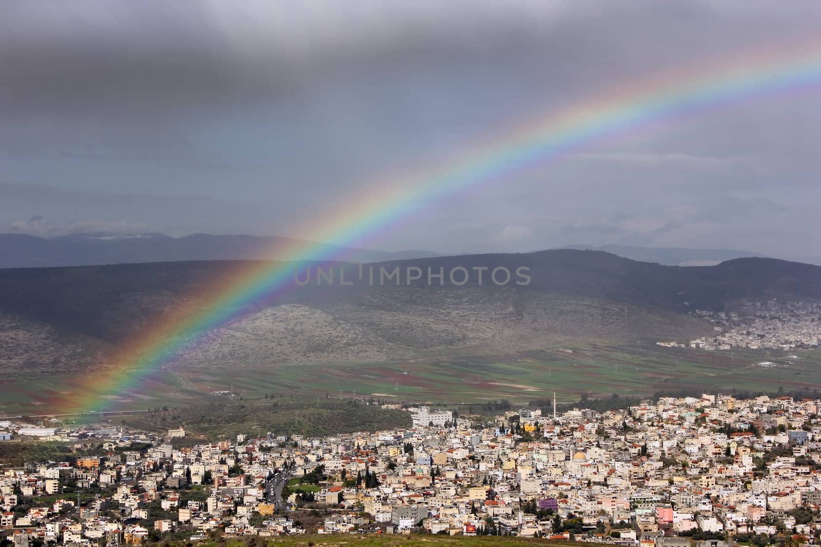 rainbow over the Arab village of Cana in the Galilee region of Israel.