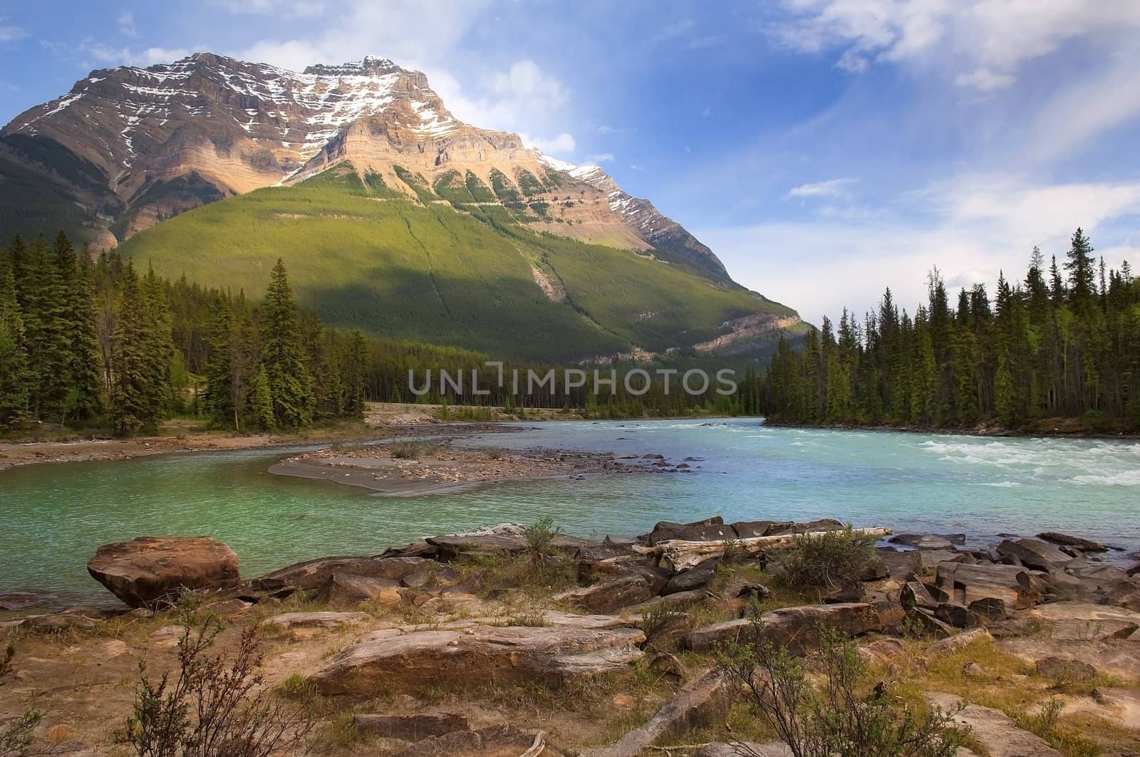 the river flowing at the foot of the Canadian Rockies
