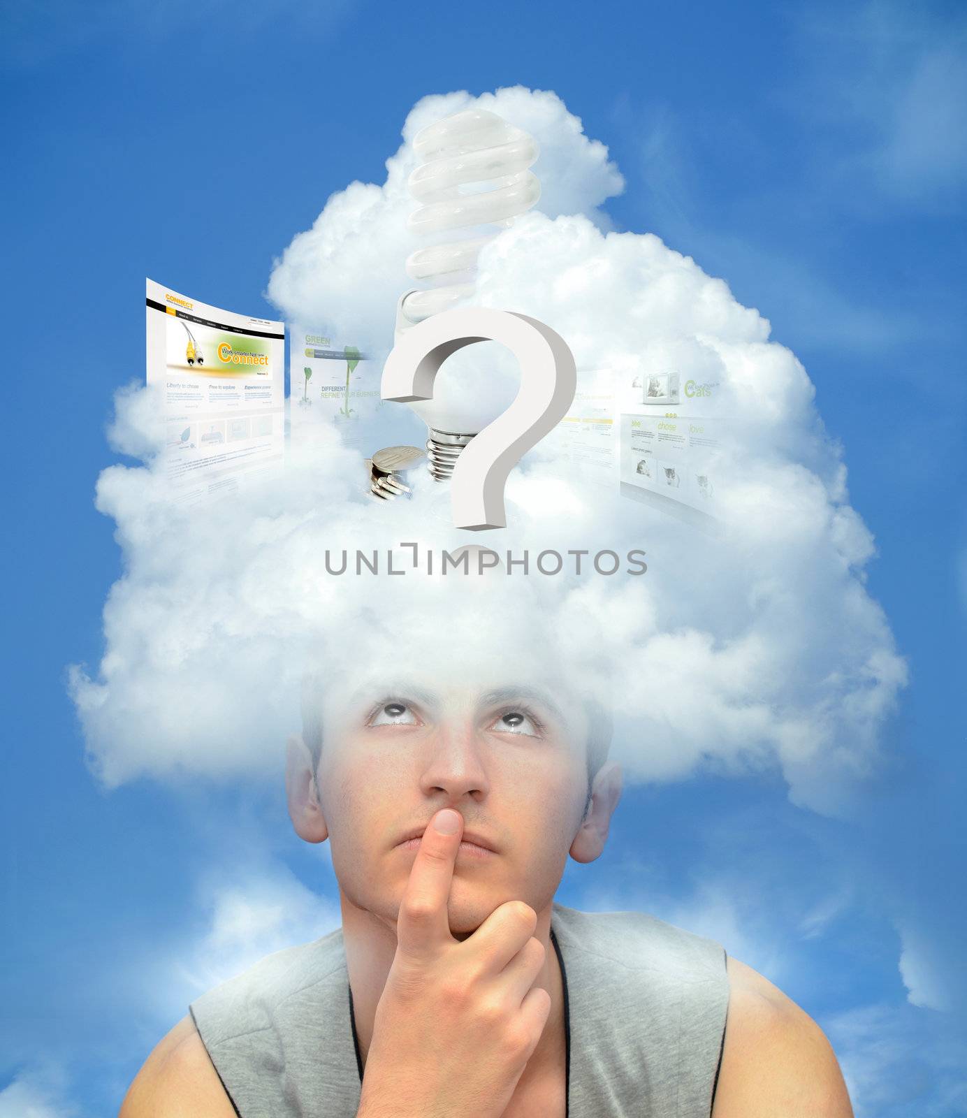 Young man with the head in the clouds thinking -NOTE:All elements used for this collage are created by me.You can see some of the photos used in my galery
