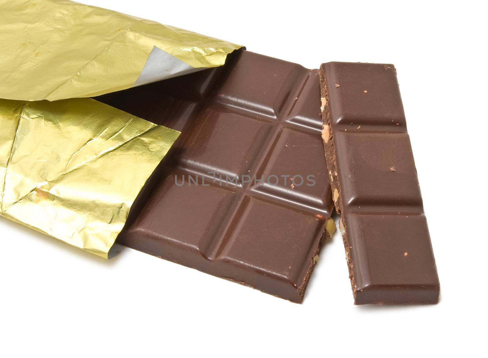 Chocolate bars in gold cover isolated on white background