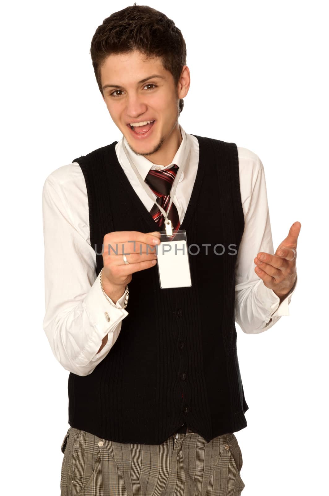 man showing his badge at the entrance of meeting room of a conference