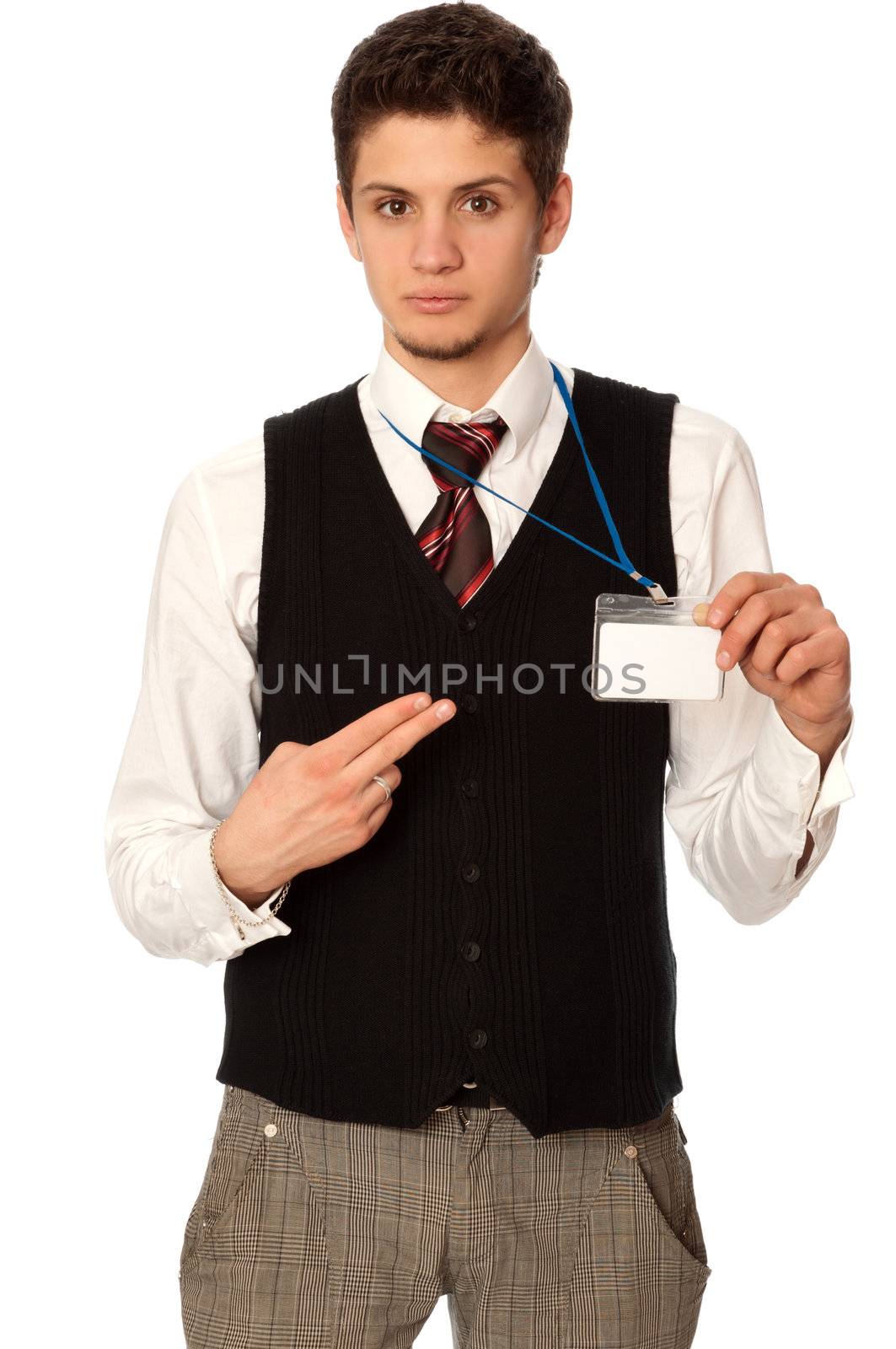 man showing his badge at the entrance of meeting room of a conference