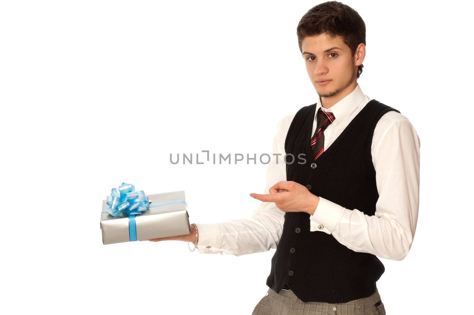 manager holding the gray box with blue ribbon as a present for chief