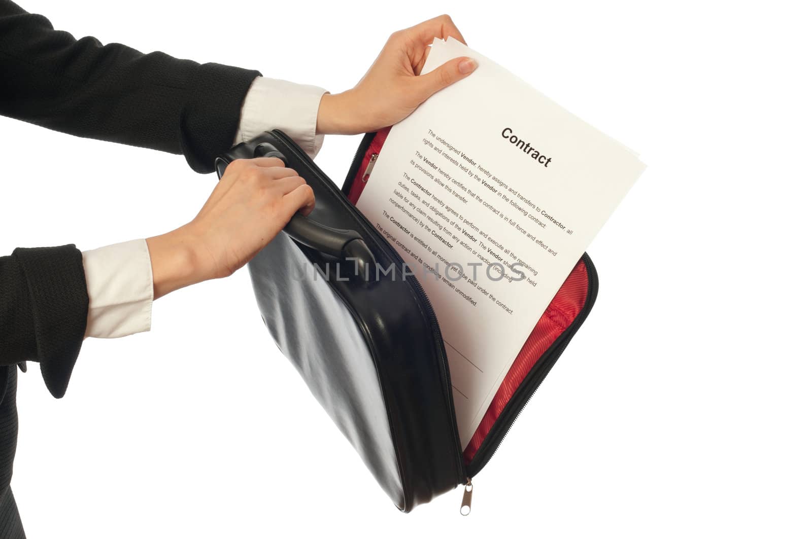 Businesswoman taking out from a suitcase contract for new employees