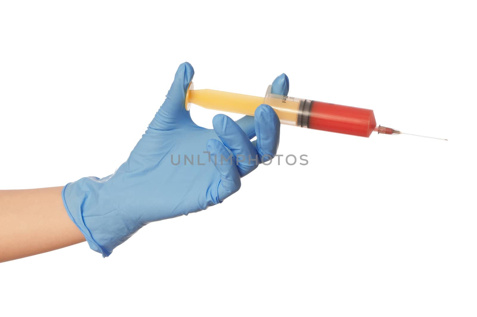 Woman use syringe with a new synthetic antibiotic mixed with blood for escape from reality