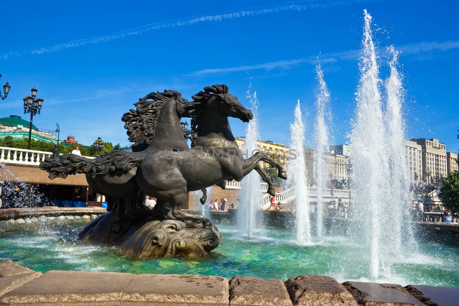 Fountain and monument of three horses on the Manejnaya square in Moscow