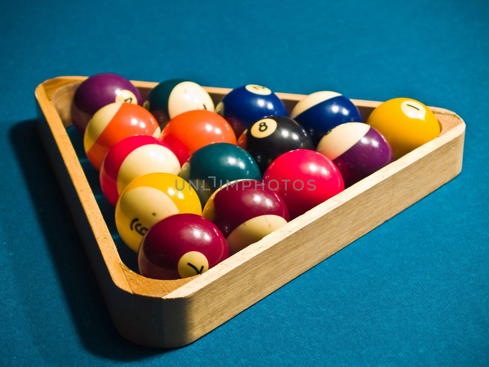 Billiards balls on a green pool table