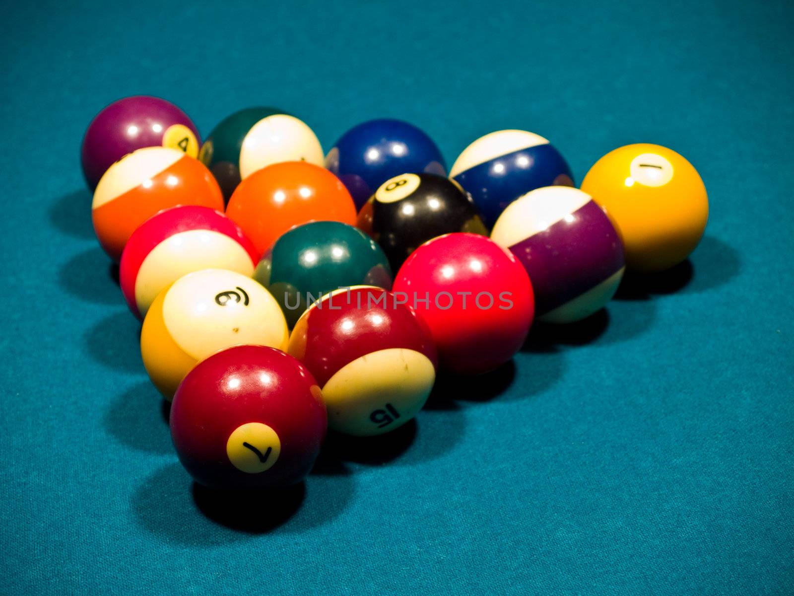 Billiards balls on a green pool table