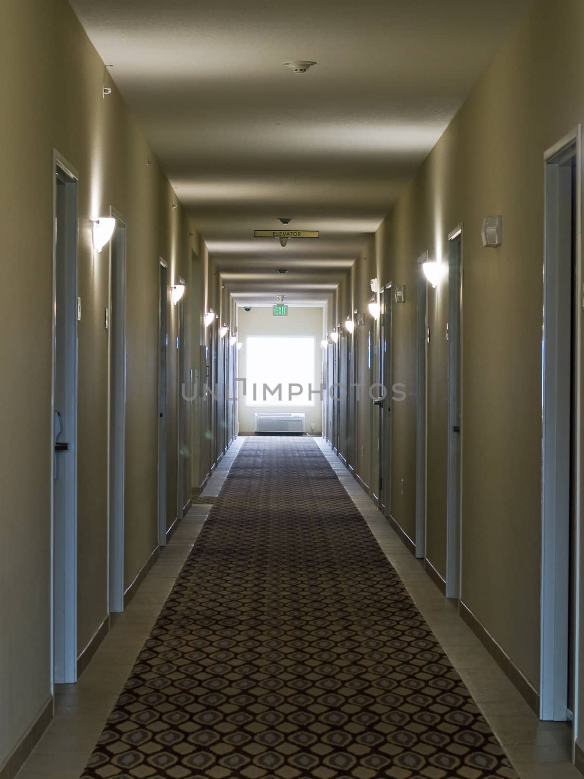 Empty hotel corridor in monochrome sepia color tone