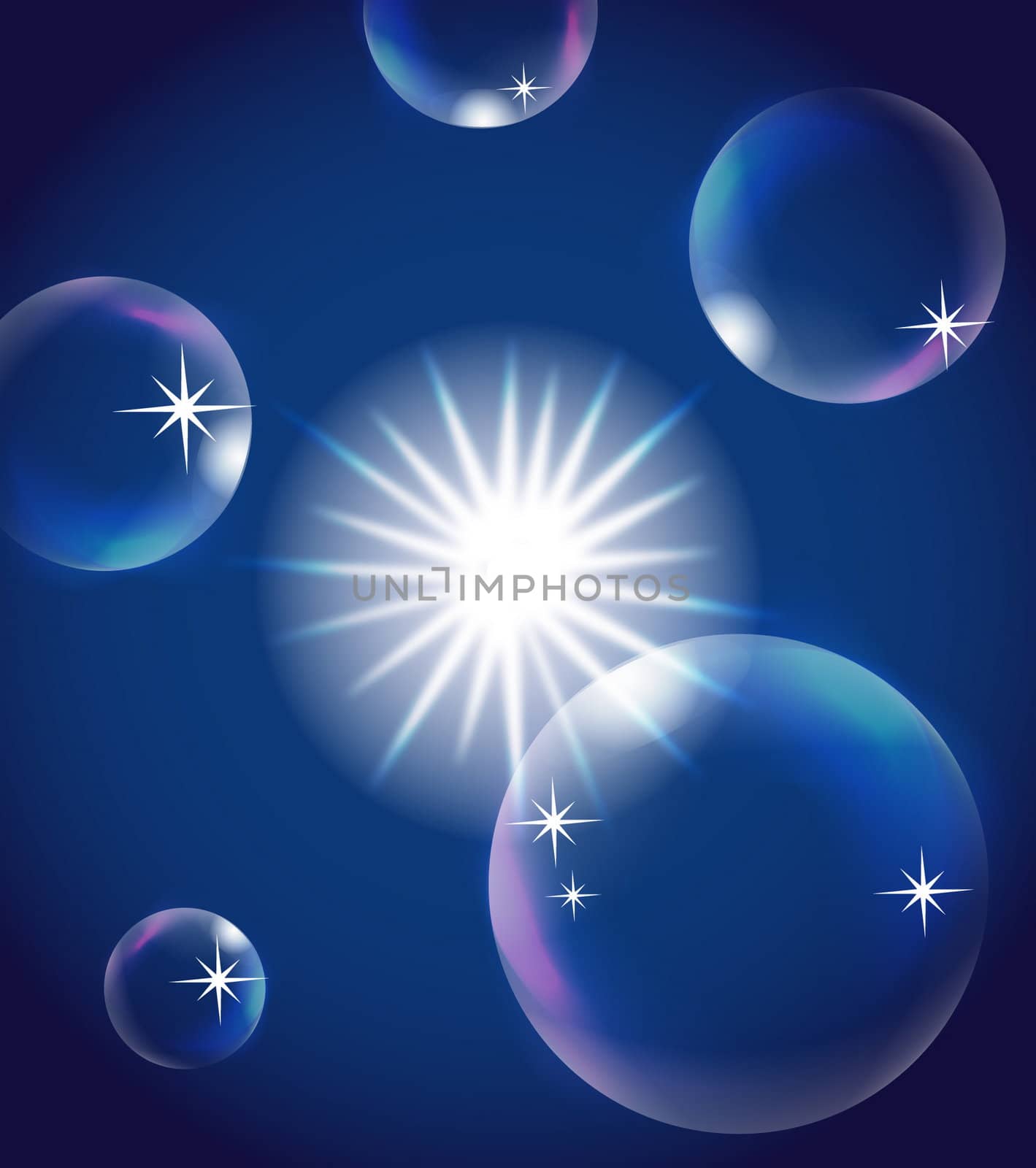 sun in blue sky with bubbles, illustration