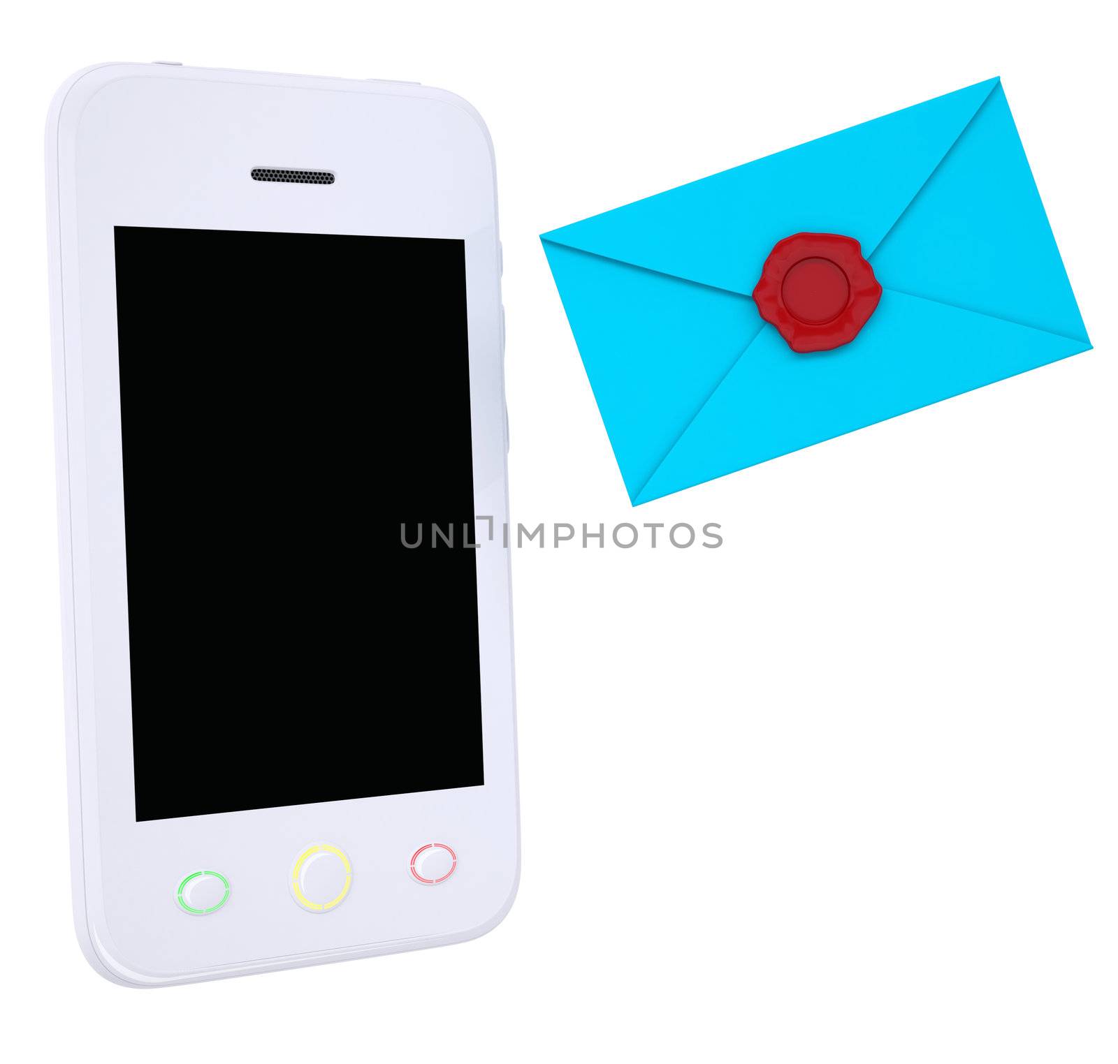 Blue envelope and smartphone. Isolated render on a white background
