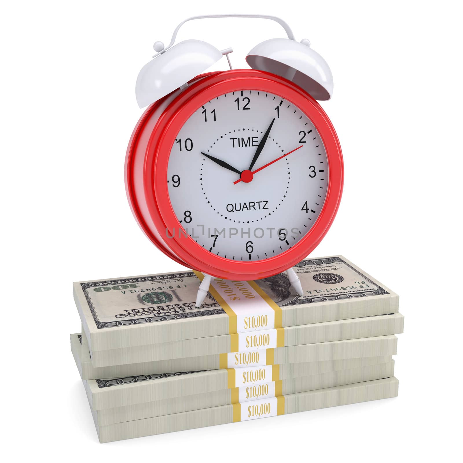 Stacks of dollars and a red alarm. Isolated render on a white background