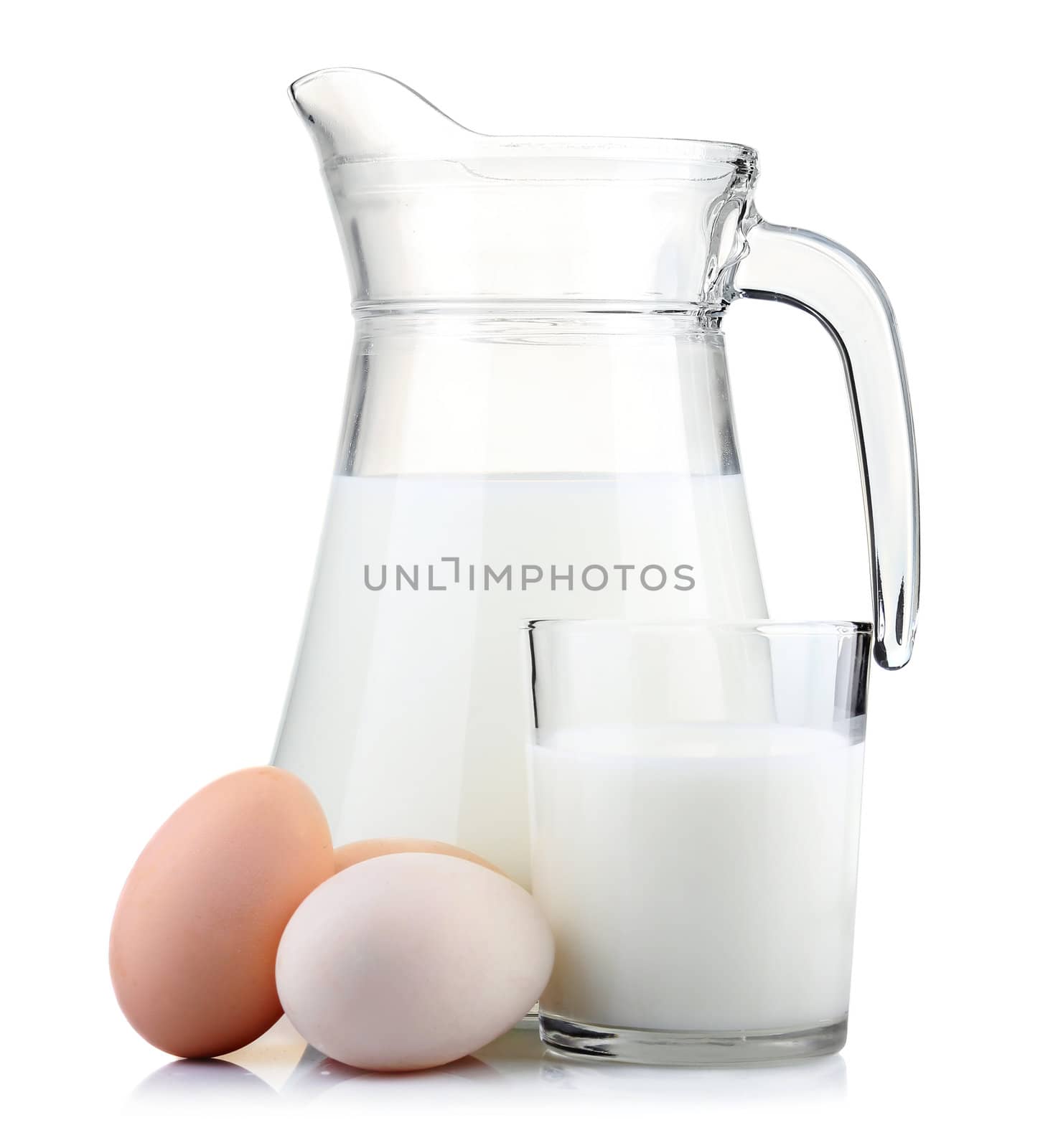 Jug of milk and glass with eggs isolated on white background