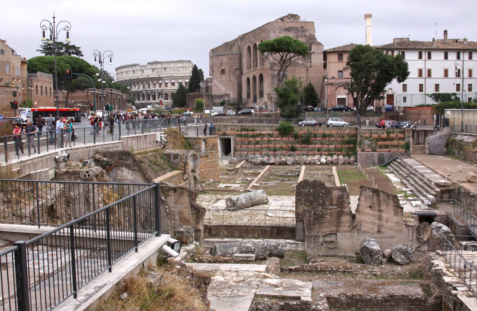 The Forum in Rome with the Colosseum in the background.