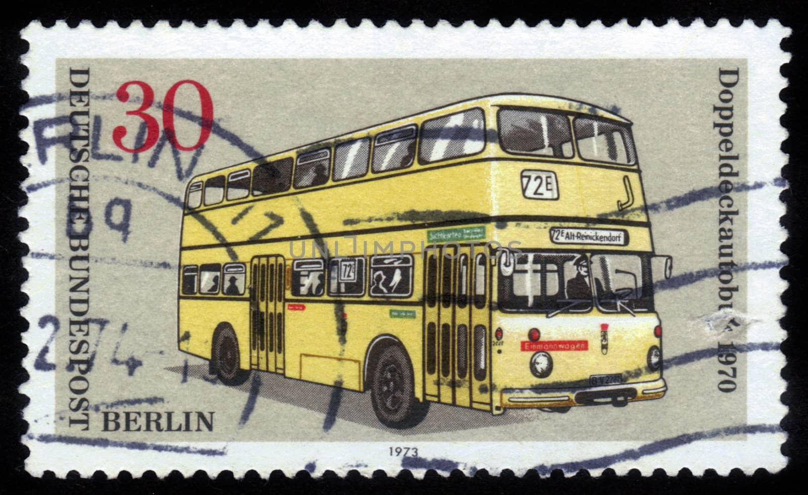FEDERAL REPUBLIC OF GERMANY - CIRCA 1973: A stamp printed in the Federal Republic of Germany shows double decker city bus 1970, circa 1973