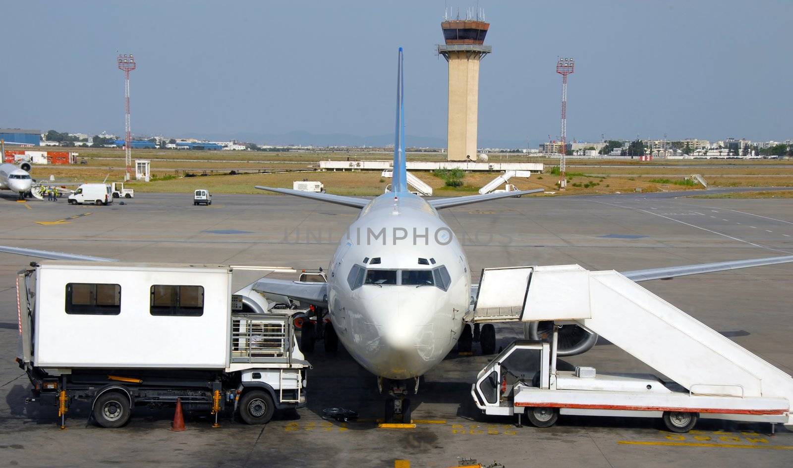 passenger airplane at airport in Tunisia preparing for flight