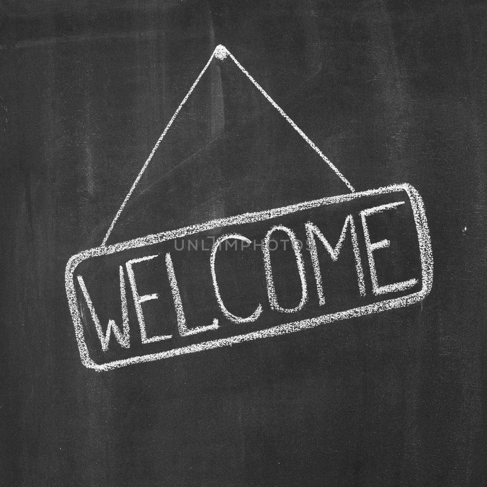 Word "Welcome" written by a chalk on a blackboard