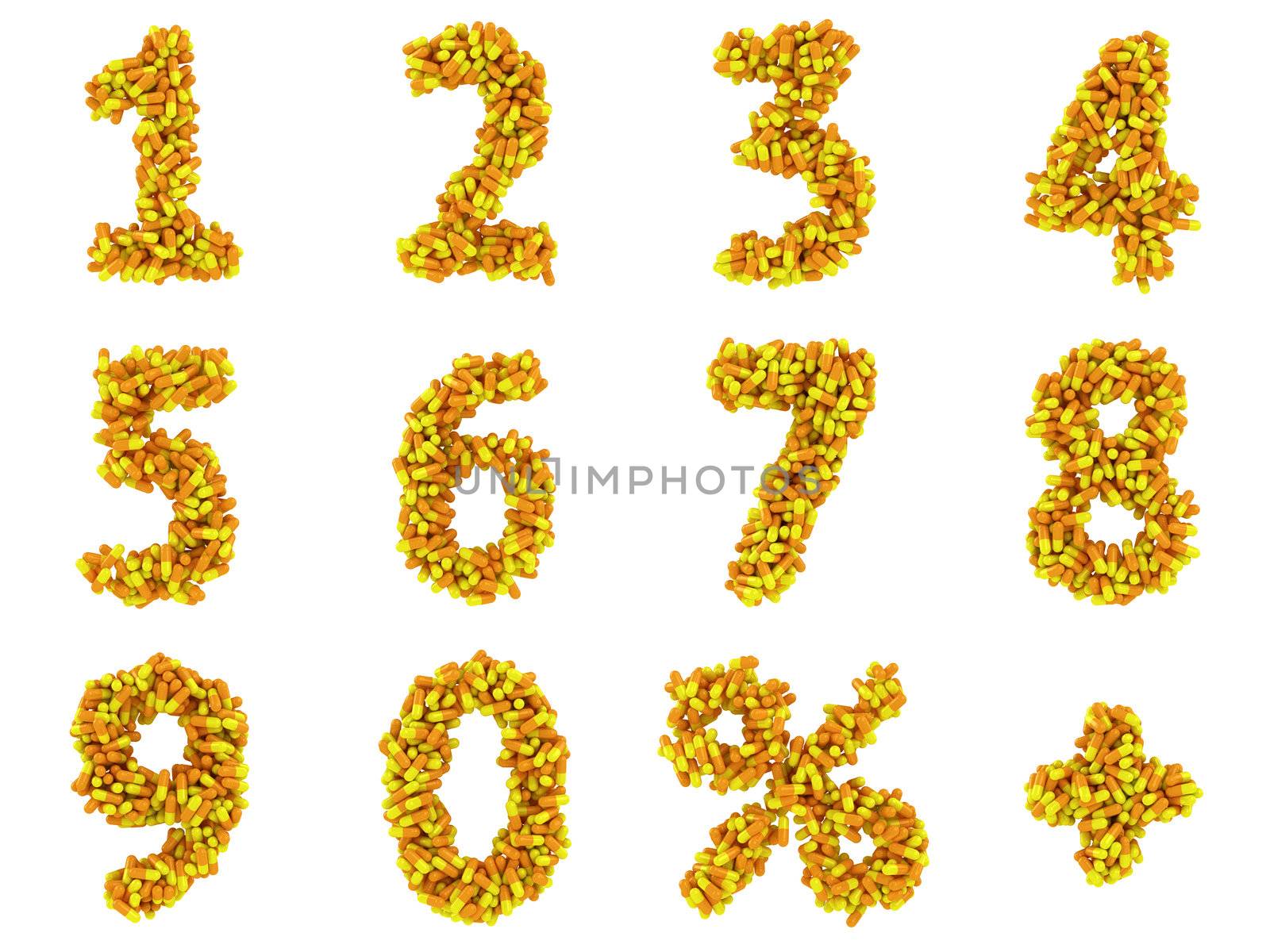 Numbers and math symbols made from medical capsules