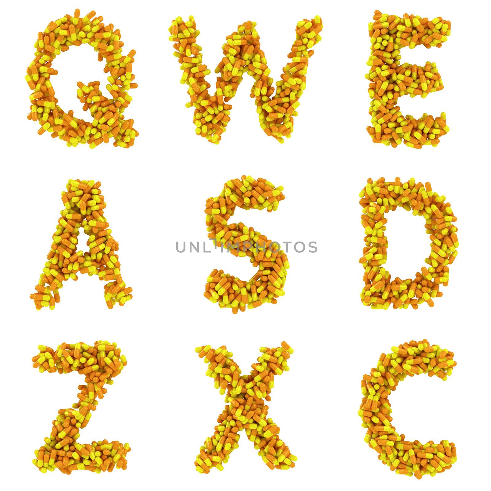 Capital letters of alphabet made from medical capsules