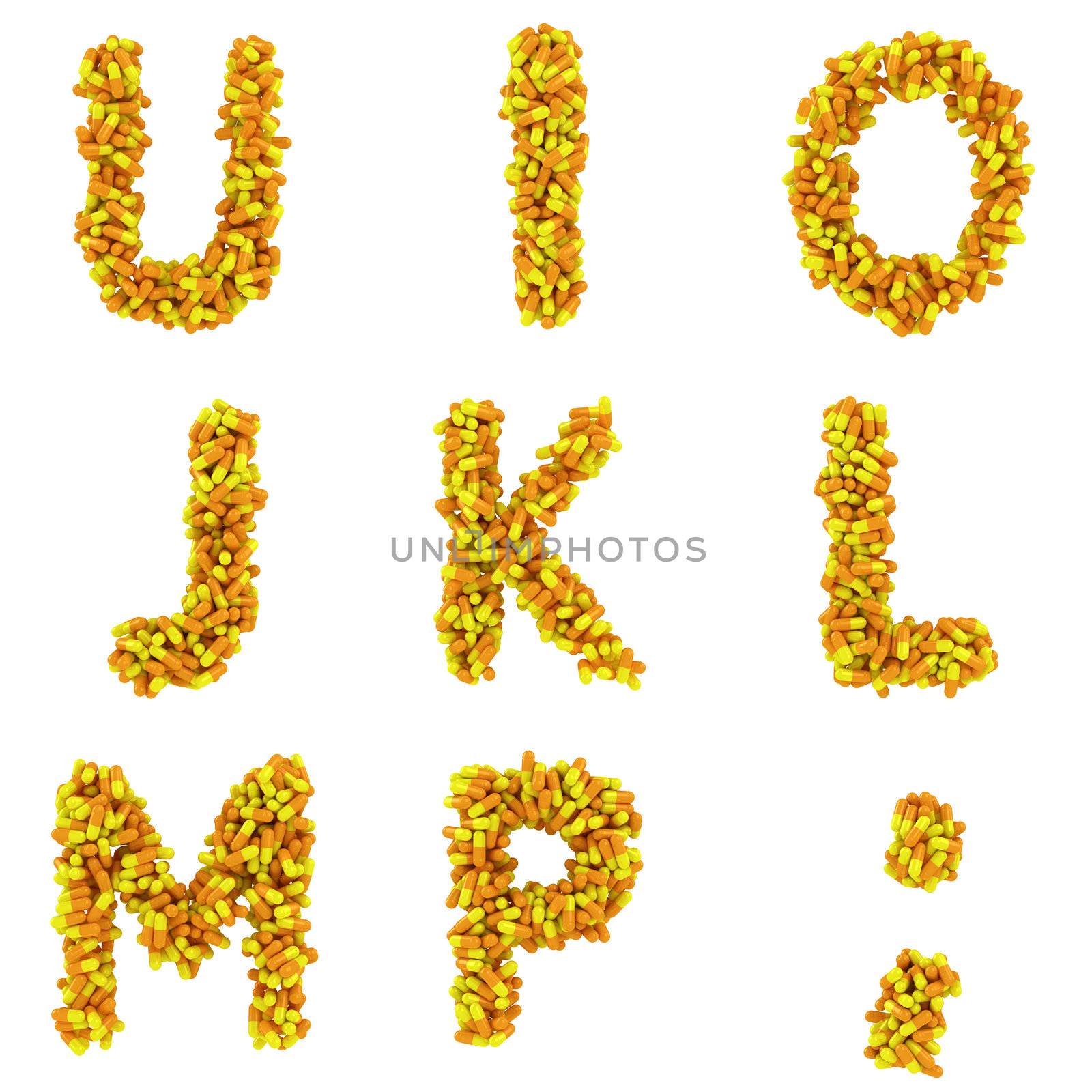 Capital letters of alphabet made from medical capsules
