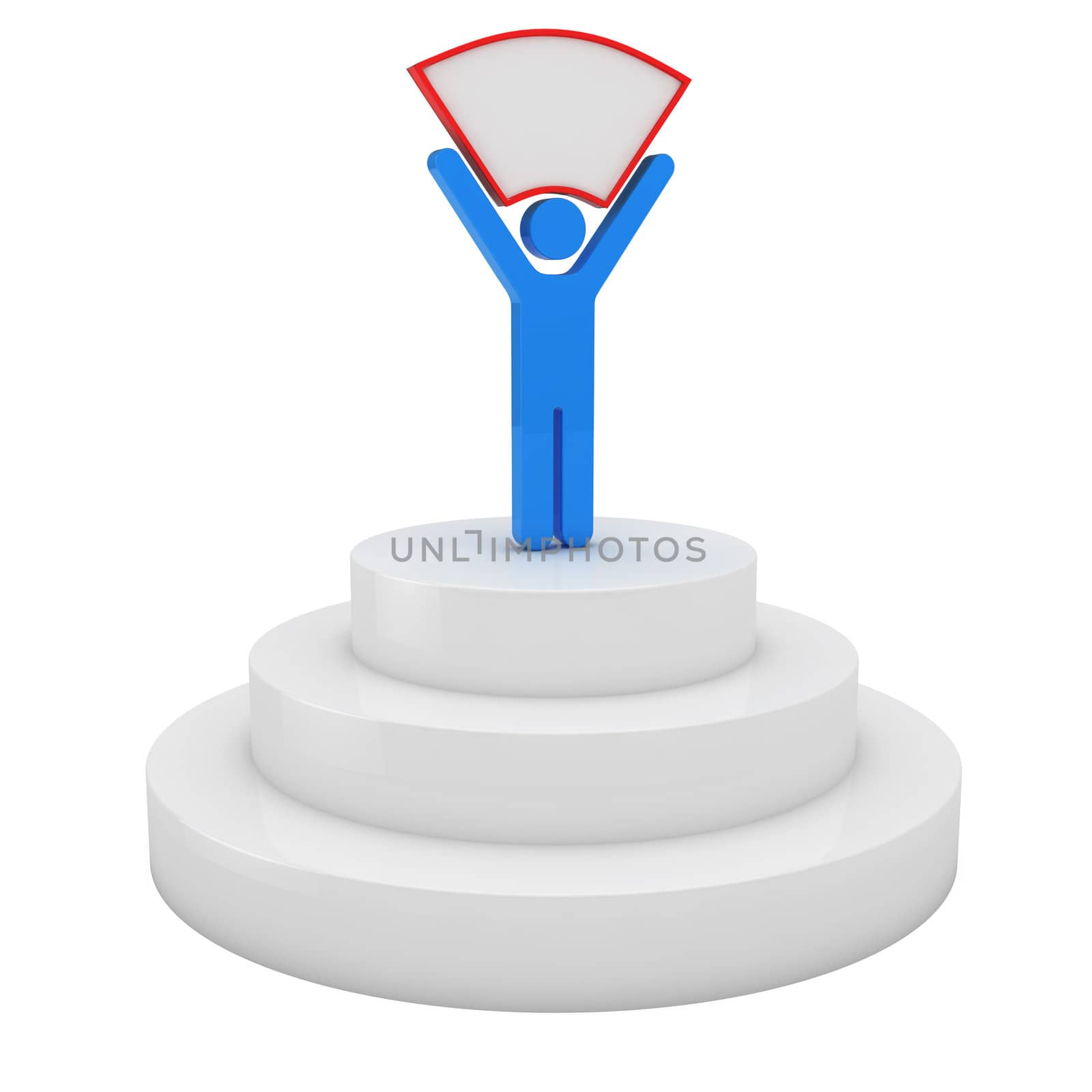 Blue man standing on the podium and holding blank placard, 3d