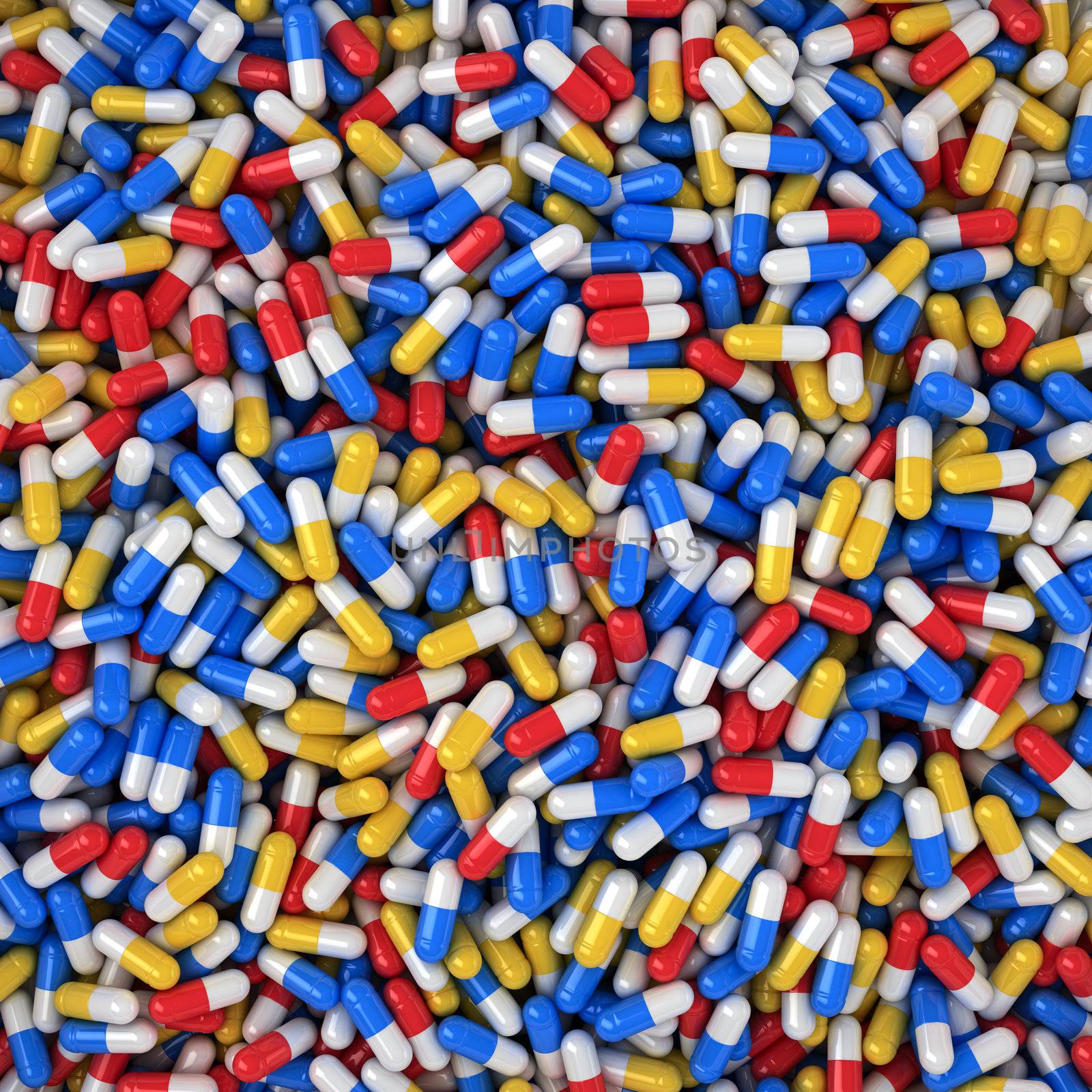 Heap of multicolored capsules, three-dimensional computer graphic.