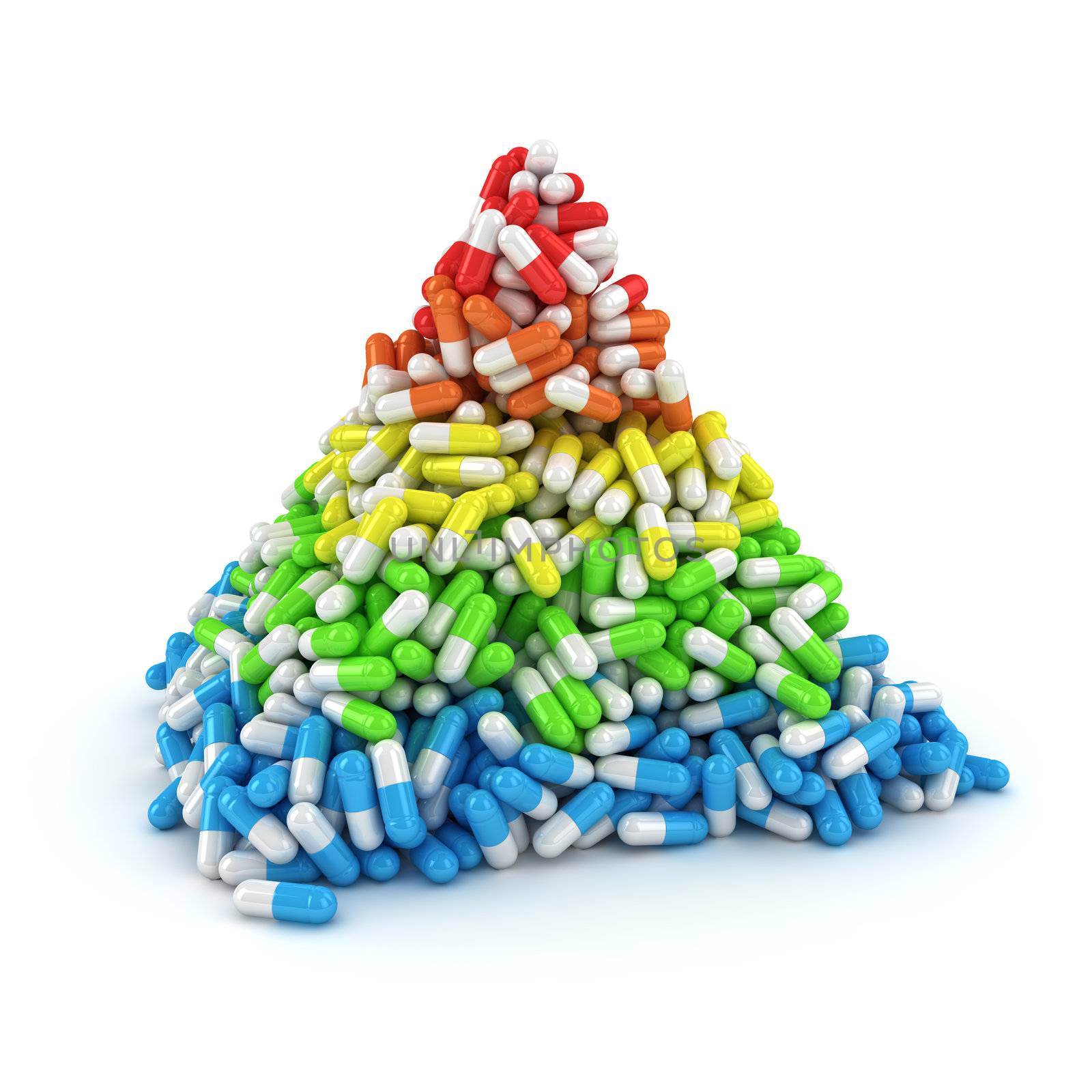 Medical pyramid made from multicolored layers of capsules