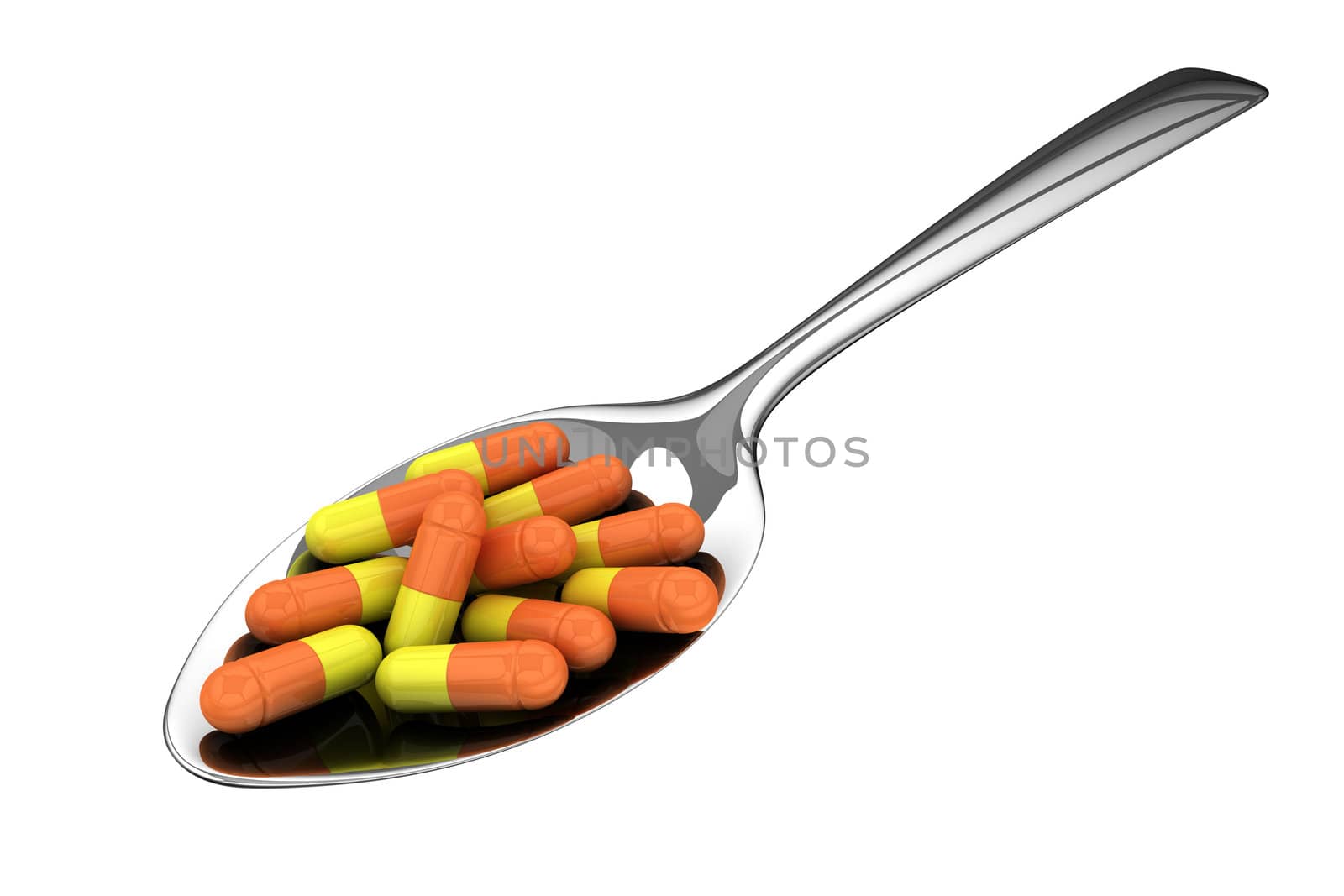 Silver spoon with pills isolated on the white background
