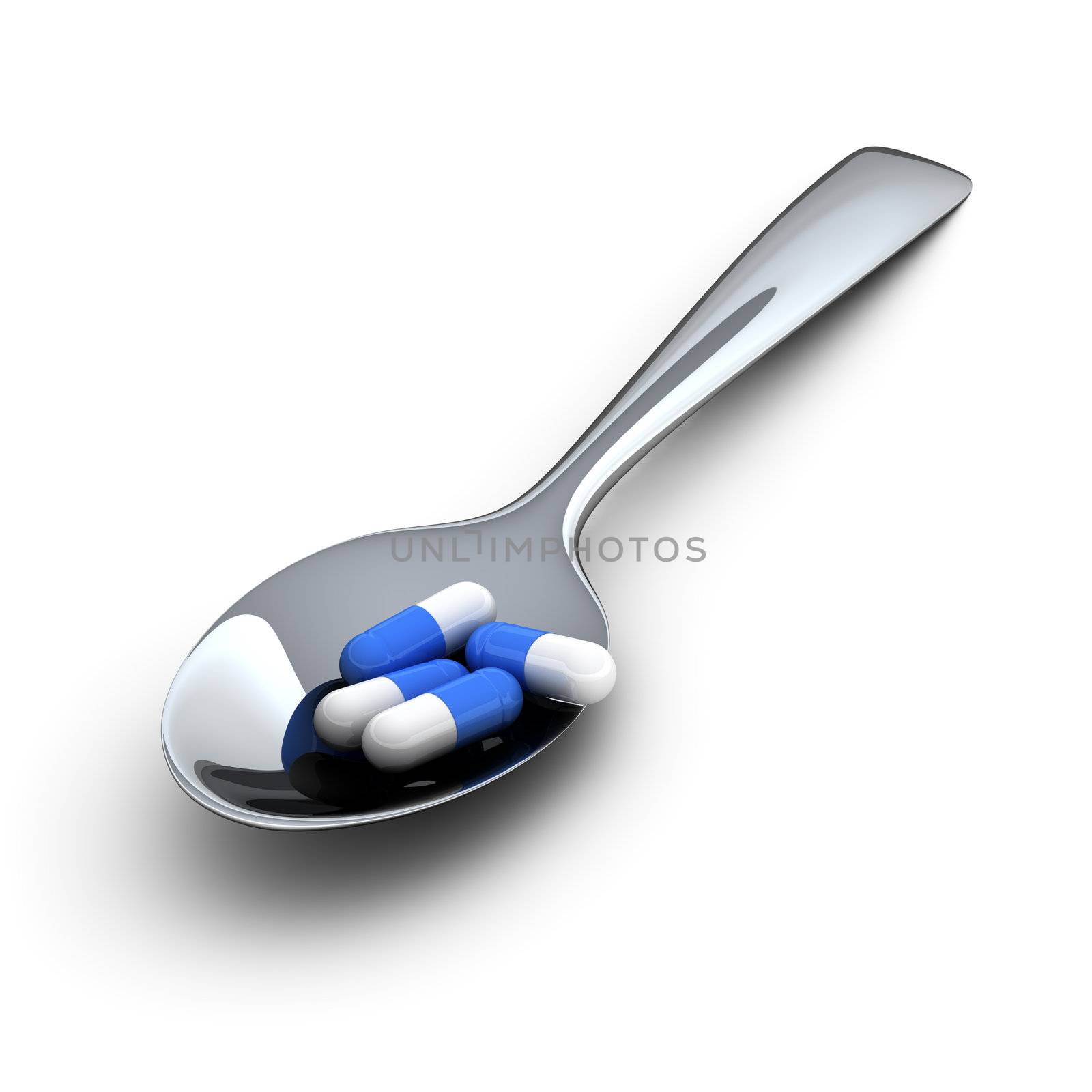 Blue medical capsules in metal spoon