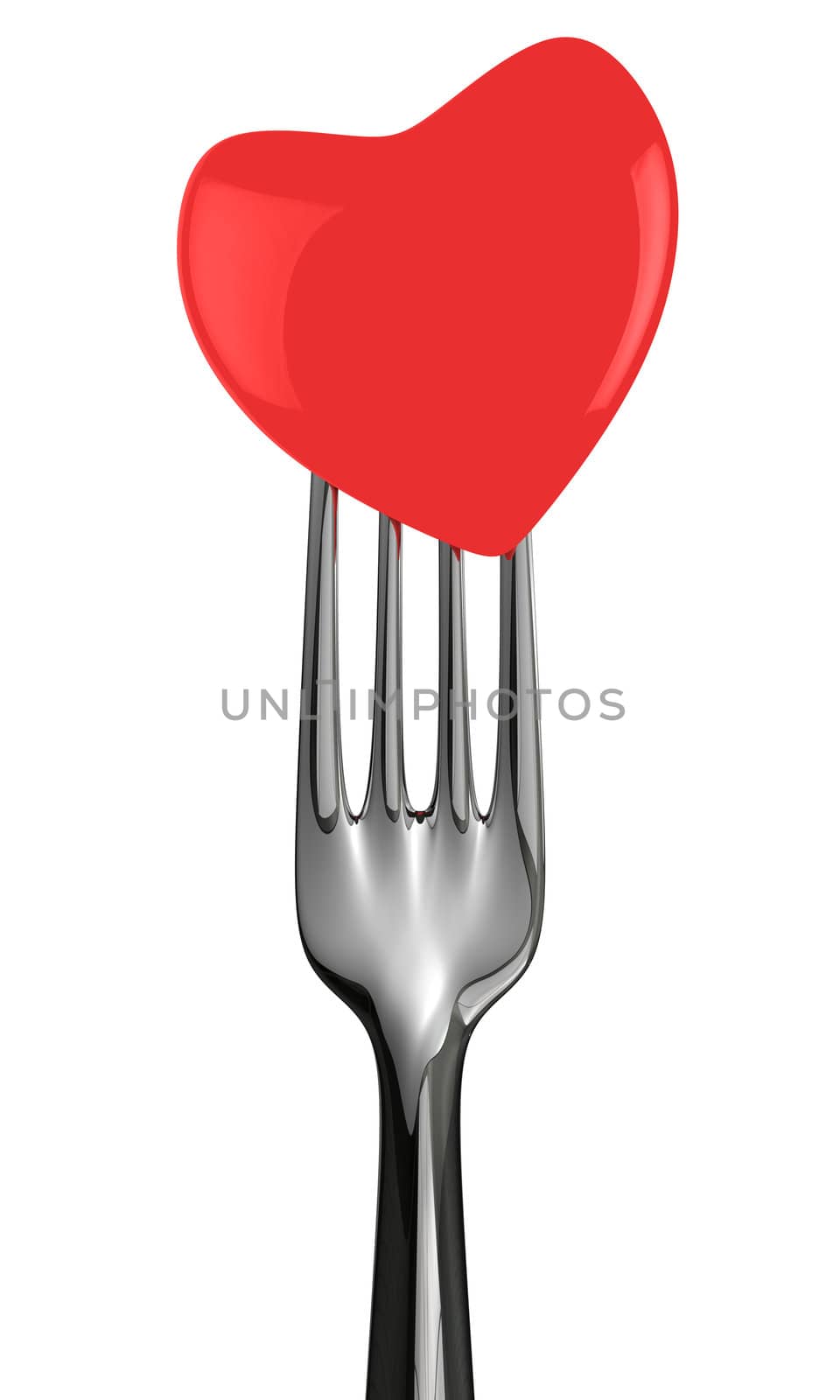 Fork with red heart isolated on the white background
