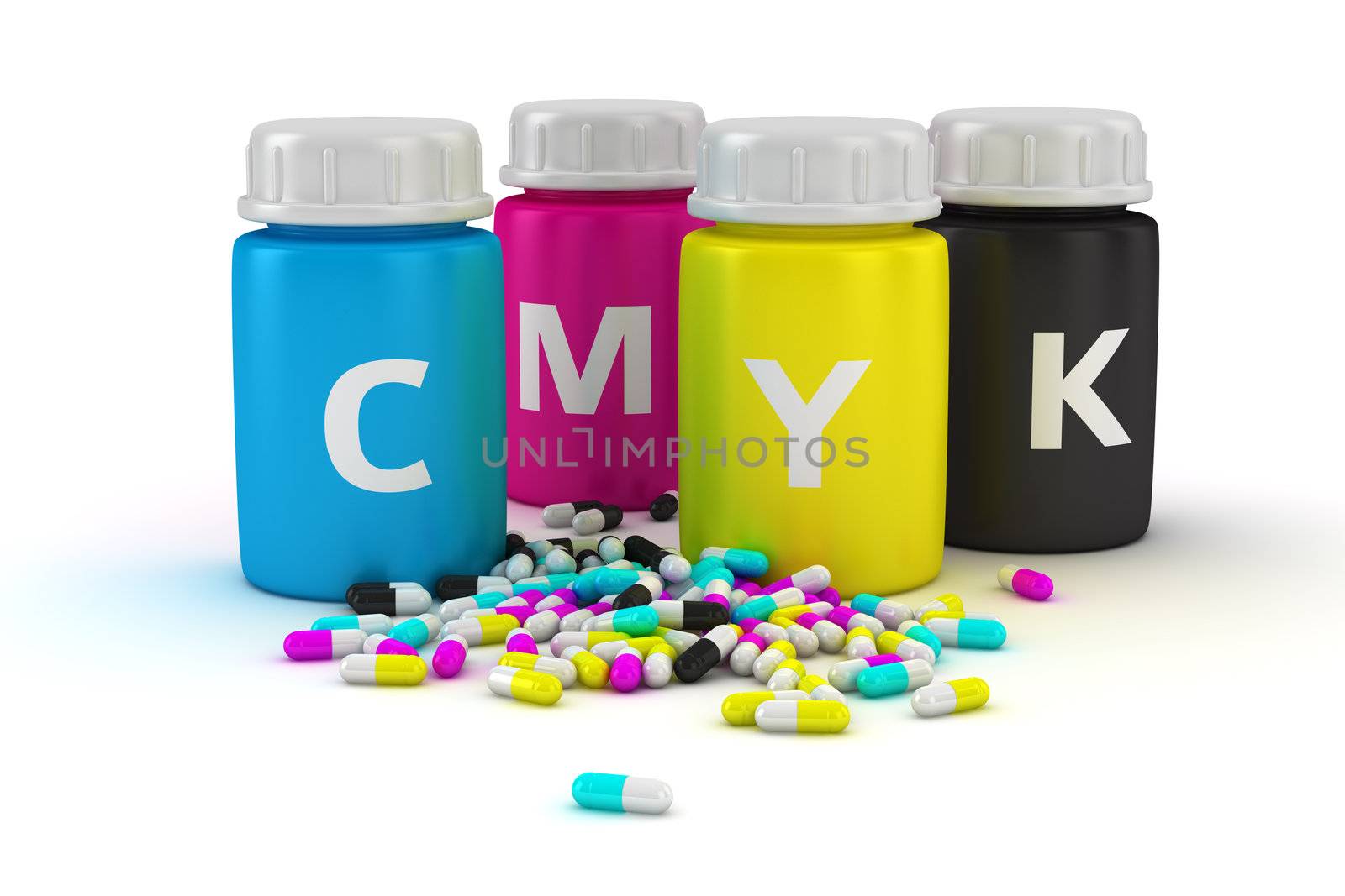 Four bottles with paint of cmyk colors and heap of colored capsules
